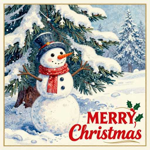 This image is a vintage-style Christmas greeting card featuring a charming snowman scene. The snowman, positioned on the left side of the card, is composed of three white snowballs stacked vertically. It has a cheerful face with two black eyes, a carrot nose, and a small mouth made of tiny black dots. The snowman is adorned with a red scarf and a black top hat with a red band, and it has stick arms outstretched to the sides. Behind the snowman stands a large evergreen tree, heavily laden with snow, its branches extending across the top of the card. The background reveals a snowy landscape with additional trees, all covered in snow, and a blue sky dotted with white snowflakes. In the bottom right corner, the card bears the festive greeting "Merry Christmas" in red letters, with "Merry" in a bold font and "Christmas" in cursive. The card is bordered by a thin gold frame, adding a touch of elegance to the overall design.