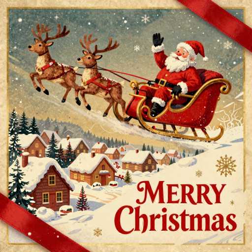 This detailed Christmas card illustration features Santa Claus in his iconic red suit with white trim, black boots, and a red hat with a white pom-pom. He is waving with his right hand while seated in his red sleigh, which has gold trim and a black seat. Santa is being pulled by two reindeer with brown fur, white bellies, and large antlers. The sleigh glides over a snowy landscape dotted with pine trees and brown houses with snow-covered roofs. In the background, a mountain range is visible under a starry night sky. The bottom right corner of the card displays the festive greeting "Merry Christmas" in bold red letters. The card itself has a beige background with a gold border, and red ribbons adorn the top right and bottom left corners.