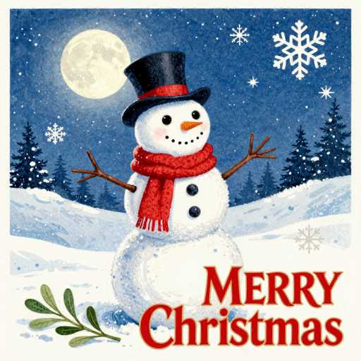 The image features a cheerful snowman standing in a snowy landscape under a full moon. The snowman is the central focus, with its body formed of snowballs and adorned with a black top hat, red scarf, and carrot nose. The background includes snow-covered pine trees and snowflakes falling in a dark blue night sky. A sprig of holly is positioned at the bottom left, adding a festive touch. The overall style is illustrative and whimsical, conveying a warm and joyful Christmas spirit.