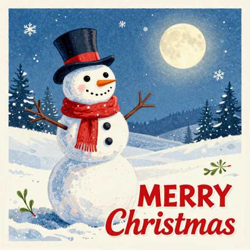 A charming, illustrated Christmas card features a cheerful snowman standing in a snowy landscape. The main subject is the snowman, with a round body, carrot nose, and twig arms, wearing a black top hat and red scarf. A full moon hangs in the dark blue sky above snow-covered pine trees, with snowflakes gently falling. The card is framed by a light beige border and features the festive "Merry Christmas" text in red. The art style is whimsical and illustrative, with a slightly textured, vintage feel.