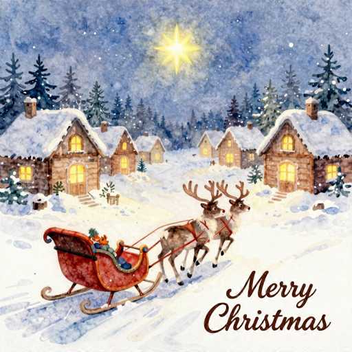This detailed watercolor painting captures a serene Christmas night scene. In the bottom right corner, the words "Merry Christmas" are elegantly inscribed in brown cursive. The foreground features a red sleigh with four sled runners, being pulled by two reindeer with large antlers. Seated in the sleigh is a figure, possibly Santa Claus, dressed in a blue outfit with a red hat, holding the reins. The sleigh is positioned on a snowy path that stretches into the distance.

The background showcases a row of charming, log cabin-style houses, each with snow-covered roofs and glowing yellow windows. The houses are brown with white trim, adding to the cozy, festive atmosphere. Behind the houses, a dense forest of tall pine trees stands under a dark blue sky, speckled with white stars and snowflakes. Dominating the center of the sky is a bright, six-pointed star, shining intensely and casting a warm glow over the entire scene. The overall composition exudes a peaceful, magical holiday spirit.
