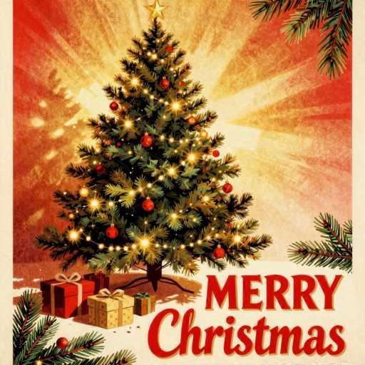 This image is a vintage-style Christmas greeting card featuring a beautifully illustrated scene. The background is a rich red, adorned with a radiant yellow starburst that emanates from behind a central Christmas tree. The tree, lush and green, is decorated with red ornaments and twinkling white lights, crowned with a gold star. Surrounding the tree is a blanket of pristine white snow, enhancing the festive atmosphere. In the foreground, a variety of wrapped presents are scattered around the base of the tree, adding to the holiday cheer. The card is bordered by a subtle white frame, and in the bottom right corner, the words "Merry Christmas" are prominently displayed in bold red letters. The overall composition exudes a warm and nostalgic holiday spirit, making it a perfect greeting for the season.