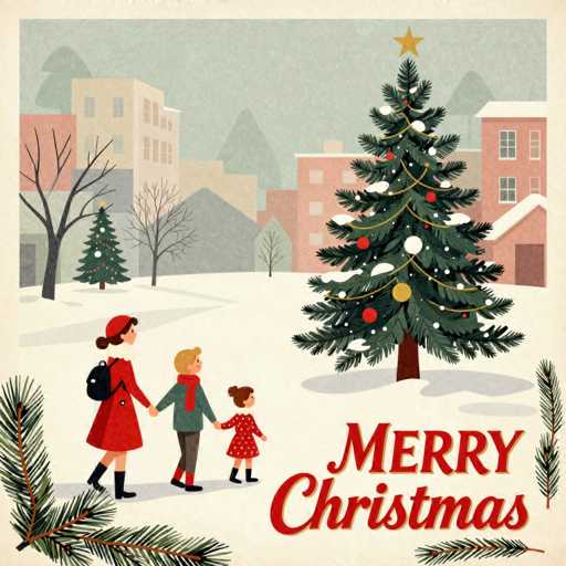 The image depicts a heartwarming Christmas scene. A family of three – a mother, father, and two children – are walking hand-in-hand through a snowy city. They are heading towards a decorated Christmas tree, which is adorned with ornaments and a star on top. The background features stylized buildings dusted with snow, creating a cozy winter atmosphere. The overall art style is illustrative and vintage-inspired, using soft lines and muted colors to evoke a nostalgic feeling.