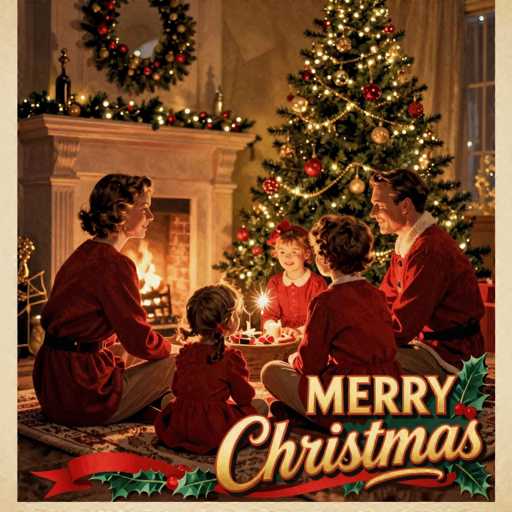 A cozy, vintage-style Christmas scene unfolds. A family of five – a mother, father, and three children – are gathered around a warm fireplace. They're seated on a patterned rug, bathed in the soft glow of the fire and the Christmas tree. The family is dressed in festive red attire, creating a warm and intimate atmosphere. A decorated Christmas tree stands prominently in the background, adorned with twinkling lights and ornaments. The overall style evokes a nostalgic, heartwarming Christmas spirit.