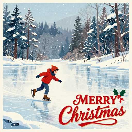 This image is a detailed, computer-generated Christmas card featuring a young boy ice skating on a frozen lake. The boy, who has black hair, is dressed in a red jacket, blue jeans, brown boots, and a red beanie. He is skating towards the right side of the image, with his left leg extended forward and his right leg trailing behind. The lake is surrounded by snow-covered pine trees and other types of trees, with a mountain range visible in the background. Snowflakes are gently falling from the sky, adding to the serene winter atmosphere. In the bottom right corner, the card is adorned with the festive message "Merry Christmas" in red cursive text, accompanied by a small holly leaf and red berries. The overall scene captures the essence of a tranquil Christmas day.