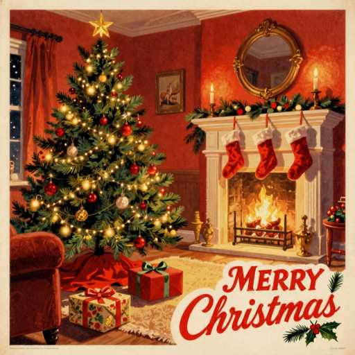 A vintage-style Christmas card illustration. The scene depicts a cozy, warmly lit living room decorated for the holiday season. A beautifully adorned Christmas tree stands in the center of the room, draped with twinkling lights and festive ornaments. Wrapped gifts are placed beneath the tree, adding to the celebratory atmosphere. A fireplace with stockings hanging above it is also decorated with garland and candles, casting a soft glow on the scene. The overall color palette is rich and warm, with deep reds, greens, and golds dominating the image. The card features a cheerful "Merry Christmas" greeting in a vintage font, further enhancing its nostalgic charm.