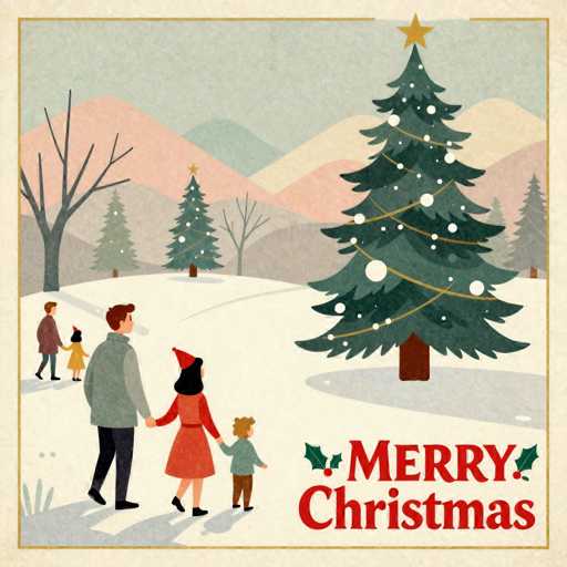 This image depicts a charming, vintage-style Christmas card with a nostalgic feel. The card features a cream-colored background with a thin gold border. In the bottom right corner, "Merry Christmas" is written in bold red letters, flanked by holly leaves and berries. The scene showcases a snow-covered landscape with a family of five walking towards a large, decorated Christmas tree on the right. The tree is adorned with gold tinsel and white ornaments, topped with a gold star. In the background, there are four additional Christmas trees, each with a gold star, and mountains that transition from pink to blue to green. The family consists of a man in a gray jacket and black pants, a woman in a red dress and red hat, a little boy in a green jacket and brown pants, a girl in a yellow dress with a red hat, and another man in a brown jacket and blue pants. The overall composition evokes a warm, festive atmosphere reminiscent of the 1950s or 1960s.