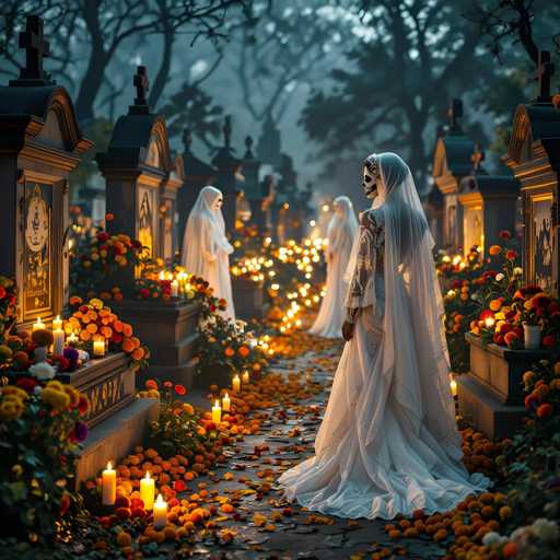 In this hauntingly beautiful image, three women dressed in flowing white gowns reminiscent of wedding attire stand solemnly in a cemetery at night. Their faces are obscured by intricate white masks that resemble sugar skulls, evoking the Day of the Dead. The women are positioned on a stone pathway that is lined with flickering candles and scattered orange flowers, creating an ethereal glow. Surrounding them are numerous headstones, each adorned with vibrant flowers, adding a touch of color to the otherwise somber scene. The backdrop features a dense forest of trees, their silhouettes stark against the dark, cloudy sky, enhancing the image's mysterious and melancholic atmosphere.