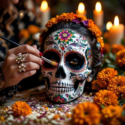 The image depicts a woman meticulously applying makeup to her face, transforming it into a striking skull-like visage. Her face is painted white, with hollow black eye sockets that reveal her brown eyes, and a black-painted nose. Her lips are painted black, and her cheeks feature intricate designs, including a red, yellow, and green flower on her chin. Her dark brown hair is adorned with a crown of orange and purple flowers, and she wears a large, ornate ring on her right hand, which is holding a makeup brush. The background is blurred, but it appears to be a dark room with lit candles, adding a somber yet festive atmosphere. Orange flowers and green leaves are scattered around her, enhancing the vivid and detailed scene.