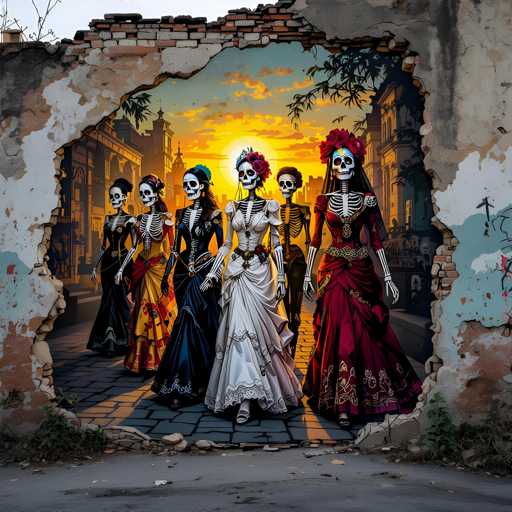 A vibrant, digitally-created image depicts a group of elegant female skeletons in elaborate, colorful dresses, walking towards the viewer through a large, crumbling archway. The scene is clearly inspired by the Day of the Dead (Dia de los Muertos) tradition, with the skeletons adorned in festive attire and flowers. The archway itself is heavily weathered and partially collapsed, with visible cracks and crumbling brickwork, suggesting an old or abandoned structure. 

The skeletons are arranged in a line, each wearing a different style of dress and adorned with flowers on their headbones. Their expressions are serene, and they appear to be walking towards a bright, warm sunset in the background. The overall color palette is rich and festive, with deep blues, vibrant reds, and golden yellows dominating the scene. The lighting is soft and warm, casting a gentle glow on the skeletons and the surrounding environment. 

The image is highly detailed, with intricate details in the dresses, flowers, and background elements. The contrast between the decaying archway and the vibrant scene of the skeletons creates a sense of mystery and wonder. The overall mood is one of celebration and remembrance, capturing the spirit of the Day of the Dead.