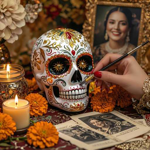 A person's hand is delicately applying paint to a white sugar skull, part of a vibrant Día de los Muertos (Day of the Dead) celebration. The hand is positioned to paint the skull's eye sockets, using a fine brush with red nail polish. The skull is decorated with intricate patterns in gold and red, adorned with colorful floral designs. 

The scene is set on a dark surface covered with a patterned cloth, surrounded by candles and orange marigold flowers. A framed photograph of a smiling woman is visible in the background, adding to the festive atmosphere. The overall lighting is warm and soft, highlighting the details of the skull's artwork and the surrounding decorations. The image captures a moment of cultural tradition, showcasing the artistry and symbolism associated with Día de los Muertos.