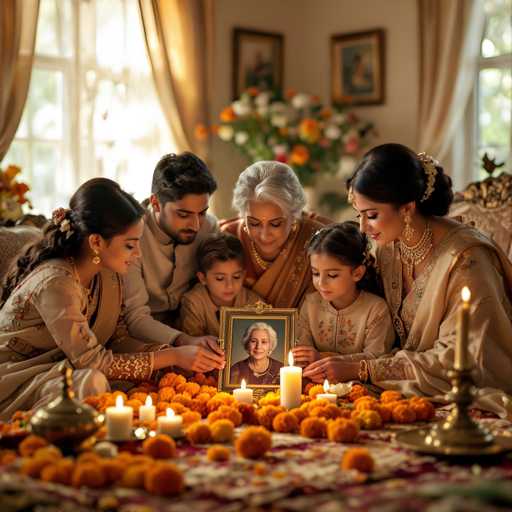 A heartwarming family portrait captures a group of six people gathered around a table adorned with marigold flowers and lit candles. They are all looking at a framed photo of Queen Elizabeth II, with expressions of reverence and respect. The family members are dressed in traditional Indian attire, and the setting is warm and intimate. The soft lighting enhances the peaceful atmosphere of the scene.
