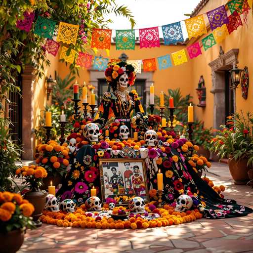 A vibrant, elaborately decorated altar for Día de los Muertos dominates the frame. A skeletal calavera figure, adorned in a colorful dress and floral crown, sits at the center. Surrounding her are numerous sugar skulls, candles, and a framed portrait of loved ones. The scene is bathed in warm sunlight, with bright orange walls and festive papel picado banners adding to the celebratory atmosphere. The overall style is a blend of traditional Mexican folk art and a modern, artistic presentation.