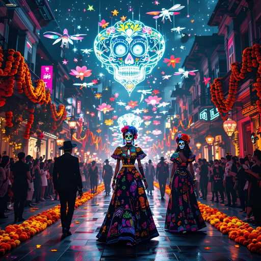 The image depicts a vibrant and detailed scene of a Mexican street during Día de los Muertos, or Day of the Dead. The street is lined with buildings on both sides, adorned with orange and yellow decorations, including flowers and arches. The ground is covered with orange, yellow, and red marigolds, symbolizing the deceased's return to life. In the center of the street, two women dressed in elaborate, colorful dresses with floral patterns and black skirts walk towards the viewer. Their faces are painted white with black eye outlines, resembling skulls, and they wear flowers in their hair. Above them, a large, glowing skull with intricate designs and floral decorations floats in the night sky, surrounded by dragonflies and stars. The scene is bustling with people on both sides of the street, some in traditional attire, adding to the festive and cultural atmosphere.