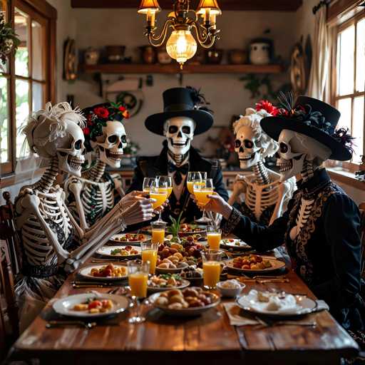 In this vibrant and detailed image, a group of five skeletons are gathered around a wooden dining table, enjoying a lively meal and toast. The table is adorned with an array of colorful fruits, including apples, pears, and grapes, as well as a variety of breads and pastries. Each skeleton is dressed in elaborate costumes, with the women wearing dresses and the men in suits and top hats. The women's attire is particularly striking, featuring intricate designs and feathers in their hair. One skeleton, possibly a woman, is adorned with a veil, suggesting a wedding theme. The skeletons are raising their glasses in a cheerful toast, with the drinks appearing to be orange juice. The background reveals a cozy kitchen setting with shelves holding various items, and windows that let in natural light, adding to the warm and festive atmosphere of the scene.