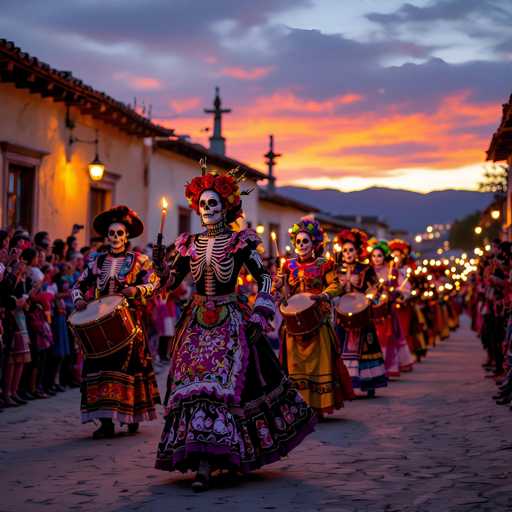 The image captures a vibrant and detailed scene of a Mexican Día de los Muertos celebration. In the foreground, a group of women dressed in elaborate skeleton costumes parade down a cobblestone street. Their costumes feature intricate designs with exposed rib cages and spines, complemented by colorful, ornate dresses and vibrant headdresses. Each woman carries a lit candle and a drum, adding to the festive atmosphere. The street is lined with onlookers on both sides, their faces illuminated by the glow of numerous candles. The background reveals a picturesque setting with mountains silhouetted against a sky painted in hues of orange, pink, and blue, suggesting either a sunrise or sunset. The scene is framed by traditional Mexican architecture, including a building with a distinctive cross atop its roof, enhancing the cultural authenticity of the celebration.