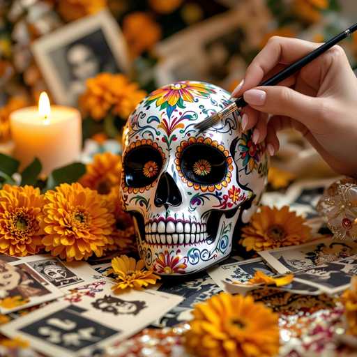 A close-up, eye-level shot shows a person's hand carefully painting a skull with vibrant floral designs. The skull is white and adorned with colorful flowers, intricate patterns, and black eye sockets. A paintbrush is being used to apply paint to the skull's surface. The background features a collection of orange marigold flowers, vintage-style paper with skull motifs, and a lit candle. The overall lighting is soft and warm, creating a festive atmosphere.