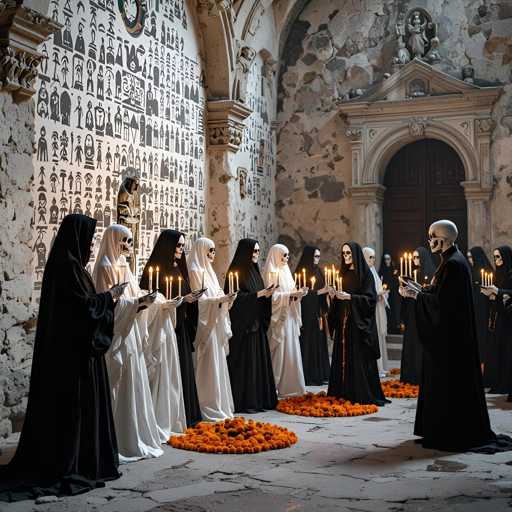 A group of figures dressed in white and black robes, with skull-like faces, are gathered in a dimly lit, ancient-looking room. They hold lit candles and stand on orange flower petals arranged on the floor. The figures are positioned in a semi-circle, facing towards an unseen focal point. The room's walls are adorned with faded hieroglyphs and carvings, suggesting a historical or possibly mystical setting. The overall atmosphere is somber and ritualistic, with the candlelight casting a soft glow on the figures' faces.