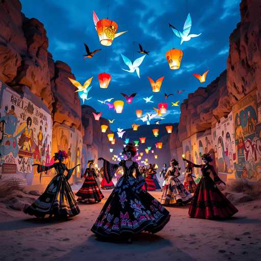 A vibrant, fantastical scene unfolds in a narrow canyon bathed in the soft glow of numerous lanterns. A group of figures, dressed in elaborate, flowing costumes with intricate patterns and vibrant colors, are dancing in the center of the canyon. Their movements suggest a lively performance, with some holding fans and others adorned with colorful headdresses. The canyon walls are decorated with ancient-looking murals, depicting figures and scenes in a warm, earthy tone. Above, the sky is a deep twilight blue, dotted with glowing lanterns of various shapes and sizes, some resembling traditional Chinese lanterns. A flock of stylized birds with glowing wings flutters in the air, adding to the magical atmosphere. The overall impression is one of a festive celebration in an otherworldly setting, with a focus on cultural artistry and vibrant energy.