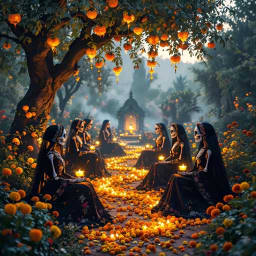 The image depicts a serene, dreamlike scene of skeletal figures in traditional Day of the Dead attire gathered in a garden. They sit on a path lined with glowing orange marigolds, illuminated by small candles. A large tree adorned with lantern-like flowers hangs overhead, casting a warm glow on the scene. The overall style is fantastical and ethereal, with soft lighting and a slightly blurred background suggesting a mystical atmosphere.