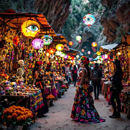 A vibrant, eye-level, full shot captures a bustling street market during the Day of the Dead celebration in Mexico. The scene is bathed in warm, festive lighting from numerous colorful lanterns hanging overhead, casting a soft glow on the market stalls and people. The market is narrow, winding through what appears to be a canyon or alleyway with rock walls on either side. 

The stalls are adorned with an array of skull decorations, vibrant textiles, and colorful offerings, creating a lively atmosphere. People dressed in elaborate costumes, many with skull masks, navigate the market, browsing and interacting with vendors. The overall impression is one of cultural richness, festivity, and a unique blend of tradition and celebration. The image captures the essence of Día de los Muertos, showcasing a vibrant cultural experience.