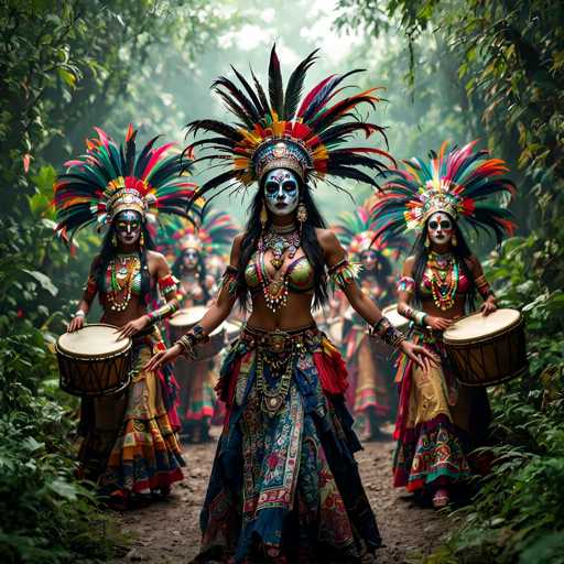 In this vibrant and detailed photograph, a group of women is captured in a forest setting, surrounded by lush green trees and a dirt path. The central figure, who appears to be the main focus, is adorned in elaborate attire. She wears a striking headdress featuring a mix of black, red, yellow, and orange feathers, and her face is painted white with blue accents around her eyes, giving her a dramatic appearance. Her outfit includes a green and gold bra-like top, a long skirt with intricate patterns in blue, red, and white, and she is accessorized with numerous bracelets and necklaces. She holds her arms outstretched, palms facing down, and her long black hair cascades down her back. Flanking her on either side are two women dressed similarly, each holding a drum. Behind them, more women can be seen, though they are less distinct. The overall scene is rich in color and detail, capturing a moment of cultural celebration or ritual amidst the natural beauty of the forest.