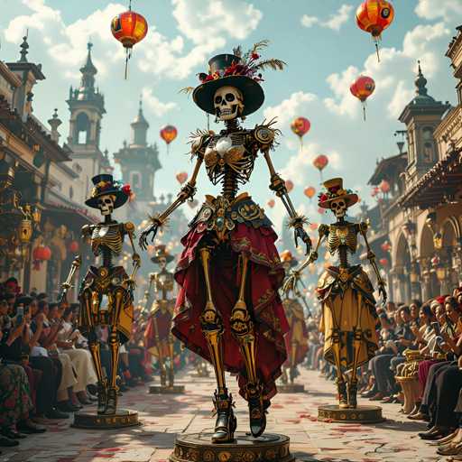 A vibrant, fantastical scene unfolds in a bustling marketplace. The central focus is on several elaborately dressed skeletons, each adorned with ornate costumes and headwear, marching in a parade. They are positioned on elevated pedestals, creating a sense of grandeur and procession. A crowd of onlookers, also dressed in festive attire, lines the cobblestone street, observing the spectacle. Colorful lanterns float in the sky, adding to the whimsical atmosphere. The overall art style is a blend of fantasy and realism, with intricate details in the costumes and a slightly surreal quality to the skeletal figures.