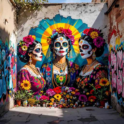 This vibrant mural, painted on the side of a building, depicts three women adorned in traditional Mexican attire, celebrating the Day of the Dead. The mural is set against a backdrop of a blue sun with yellow rays, creating a striking contrast. The women are dressed in colorful dresses and their faces are painted white with intricate designs around their eyes, noses, and mouths, reminiscent of skull patterns. Their hair is styled in buns, each adorned with a variety of flowers, including red, yellow, and pink roses. The central figure is flanked by two women, one in a purple dress and the other in a black dress, both with similar floral hair decorations. In front of the mural, a vibrant array of flowers and plants adds to the festive atmosphere. The surrounding walls of the building are also decorated with graffiti, enhancing the mural's urban setting.