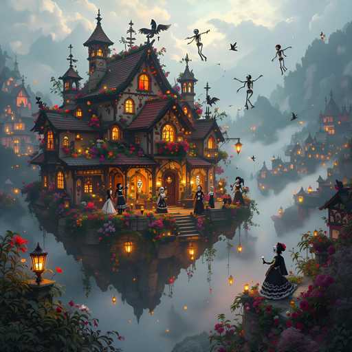 A whimsical, fantastical scene unfolds: a charming, multi-story house floats serenely in a misty, ethereal landscape. The house is adorned with vibrant flowers and glowing lanterns, while delicate skeletons gracefully dance in the air. A woman in a black dress stands on a balcony, gazing at the magical scene. The art style is dreamlike and painterly, with soft lighting and a focus on atmospheric detail.
