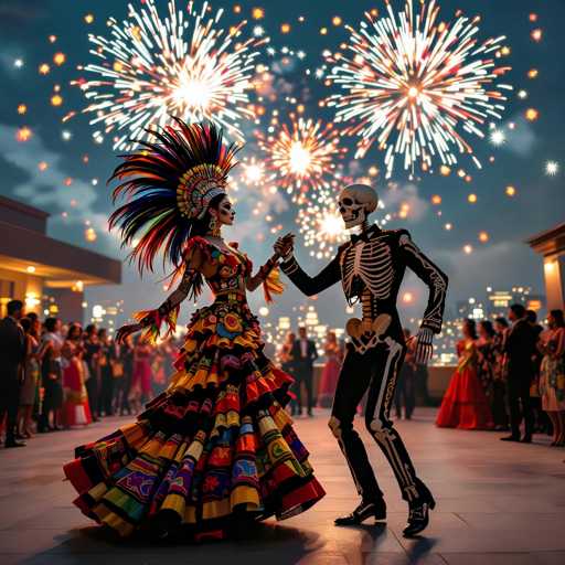 A vibrant, digitally-rendered scene depicts a couple dancing at a festive celebration. The central focus is on a woman in a dazzling, colorful Mexican folk dress and a vibrant headdress, dancing with a skeleton figure. Fireworks explode in the background, illuminating a crowd of people and a city skyline at night. The art style is fantastical and celebratory, emphasizing a lively and imaginative atmosphere.
