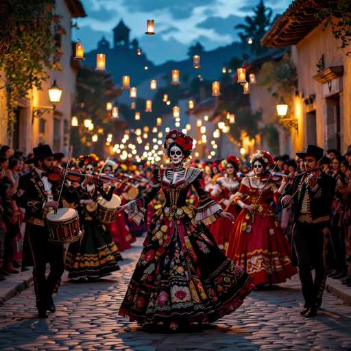 A vibrant, nighttime scene captures a lively "Día de los Muertos" (Day of the Dead) parade in a cobblestone street. The central focus is on a group of elaborately costumed participants, primarily "calaveras" (skeletons), dressed in colorful, festive attire with floral headpieces. They are accompanied by musicians playing traditional instruments like violins and a drum, their movements suggesting a joyful procession. Lanterns hang overhead, casting a warm glow on the scene, while a crowd of onlookers lines the street in the background. The overall style is rich in cultural detail and festive energy, emphasizing a blend of tradition and celebration.