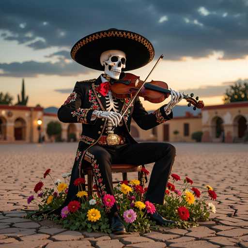 A detailed, high-quality digital painting of a skeleton dressed as a mariachi playing a violin. The skeleton is seated on a small, ornate wooden chair adorned with colorful flowers. He wears a traditional mariachi suit with intricate embroidery and a wide, black sombrero. His hands are delicately holding the violin, his skeletal fingers poised to play. The background is a softly blurred outdoor setting with warm sunset colors in the sky and traditional Mexican architecture visible in the distance. The overall lighting is soft and atmospheric, highlighting the details of the skeleton's costume and the flowers. The style should be realistic yet slightly fantastical, emphasizing the cultural symbolism of the image.