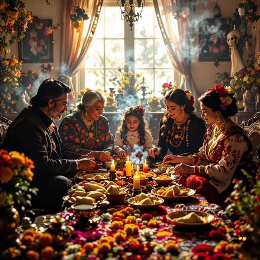 In this vibrant and detailed image, a family of five is gathered around a table laden with an array of dishes, suggesting a festive meal. The table is adorned with a colorful tablecloth and is surrounded by an abundance of flowers, creating a warm and inviting atmosphere. The family members, dressed in traditional attire, include a man with a gray beard and black hair, an older woman with gray hair, a young girl with long black hair, and two younger women, one with black hair and the other with gray hair. They are all smiling and appear to be enjoying each other's company. The background features a large window with orange curtains, allowing sunlight to stream in, and the walls are decorated with various pictures and a distinctive skull image. The scene is rich in colors, including shades of orange, yellow, red, green, brown, black, white, and gray, enhancing the lively and celebratory mood of the gathering.