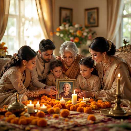 In this AI-generated image, a family of six is gathered around a table adorned with a red and white tablecloth. The table is decorated with numerous orange circular objects, possibly flowers or candles, and a few white candles. A candle holder with a lit candle is positioned on the right side of the table. The family members are dressed in traditional Indian attire, with the women wearing long dresses and the men in button-up shirts. At the center of the group, an elderly woman with gray hair holds a picture of another elderly woman with gray hair, suggesting a connection to a ancestor or relative. The background features a bouquet of flowers and two framed pictures on the wall. Despite the realistic appearance of the clothing and setting, the faces of the family members are notably distorted, with blurred and misshapen features, indicating the image's artificial origin.
