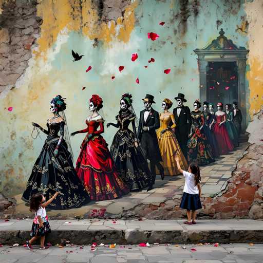 The image depicts a vibrant mural painted on a weathered, cracked wall, likely in a Mexican city. The mural, evocative of the Day of the Dead celebrations, features a procession of people dressed in elaborate, Victorian-style attire. The women wear long, flowing dresses in colors like black, red, and yellow, with intricate designs and lace. Their faces are painted white with black eye markings, resembling skulls, and they sport colorful flowers in their hair. The men are dressed in tuxedos with top hats, and some wear sunglasses. A black crow is seen flying above the group, while red roses are scattered throughout the scene. In the foreground, two young girls, dressed in white shirts and colorful skirts, stand on a sidewalk, pointing and marveling at the mural. The mural's background is a mix of blue, yellow, and white hues, adding to the overall vibrancy of the artwork.