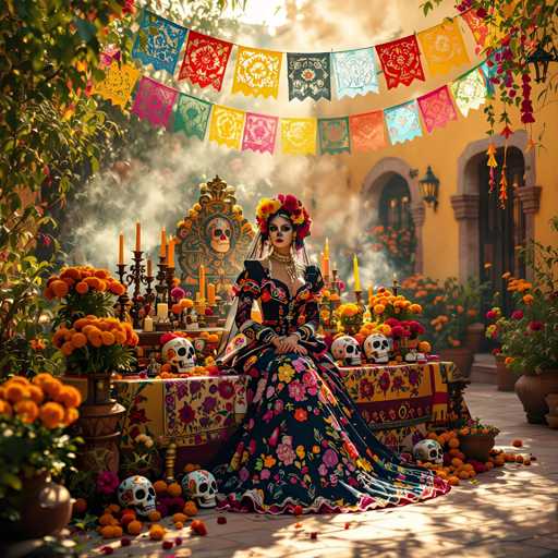 A vibrant, fantastical scene unfolds: a woman in an elaborate, dark floral gown sits on a throne adorned with skulls and vibrant textiles. She's surrounded by blooming orange flowers, candles, and colorful papel picado banners. A hazy atmosphere suggests a mystical or celebratory occasion, with the overall style leaning towards a rich, detailed digital painting.