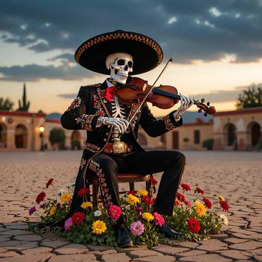 A striking image features a skeleton dressed in traditional Mexican attire, seated on a wooden chair. The skeleton wears a black sombrero adorned with intricate gold embroidery along the brim. Its black suit is embellished with red floral patterns and gold accents, complemented by a large, ornate belt buckle. The somber figure's bony hands hold a violin, poised as if ready to play. Surrounding the skeleton are vibrant flowers in shades of red, yellow, pink, and purple, adding a splash of color to the scene. The backdrop reveals a desert landscape with cracked, dry earth, and a distant building with arched doorways and windows. The sky above is a mix of dark clouds and patches of blue, with the sun setting on the horizon, casting a warm glow over the entire scene.