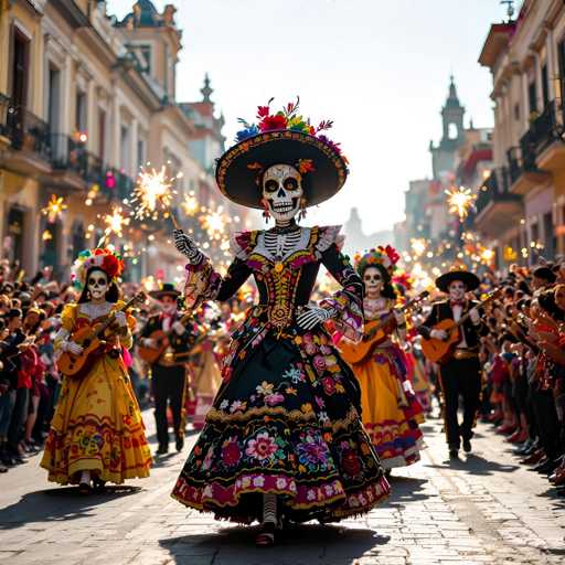 A vibrant, eye-level photograph captures a lively street parade during the Day of the Dead (Día de los Muertos) in Oaxaca, Mexico. The central focus is a group of elaborately costumed "calaveras" (skeletons) marching down a cobblestone street. 

The main calavera in the foreground is a stunning figure, adorned in a black and colorful floral dress with intricate embroidery. She wears a large, decorated sombrero and holds a lit sparkler in her right hand, while her left hand is raised as if playing a guitar. Her skull face is detailed with painted features and adorned with colorful floral decorations on her head. 

Behind her, several other calaveras follow, each with unique costumes and accessories. Some are playing guitars, while others carry maracas or other festive items. The background is filled with a large crowd of people lining the street, their faces blurred but showing expressions of joy and participation. 

The overall atmosphere is one of celebration, cultural richness, and vibrant tradition. The bright sunlight casts shadows on the cobblestones, highlighting the intricate details of the costumes and creating a festive, almost dreamlike quality. The scene is full of movement and energy, capturing the spirit of this unique cultural event.
