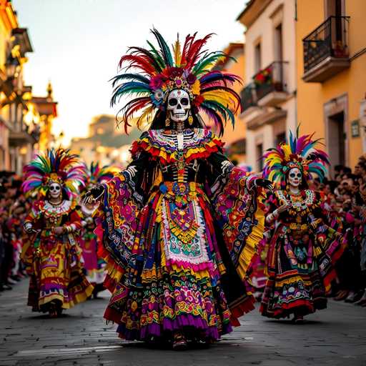 The image captures a vibrant, festive scene of the *Día de los Muertos* (Day of the Dead) parade in Oaxaca, Mexico. The main subjects are elaborately costumed *calaveras* (skeletons), adorned with colorful, intricate dresses and vibrant headdresses. They are positioned in the center of a cobblestone street lined with onlookers, their expressions conveying a mix of solemnity and joyful celebration. The overall art style is rich in detail, showcasing traditional Mexican craftsmanship with bold patterns and bright colors.
