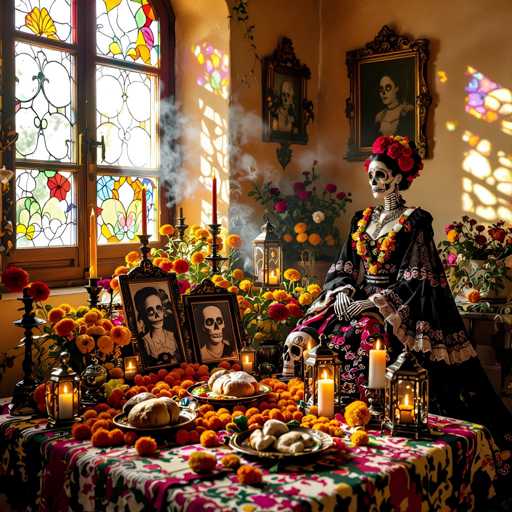 A detailed, high-quality image of a beautifully decorated table for Día de los Muertos (Day of the Dead) with a skeleton figure as the centerpiece. The table is covered in a vibrant, patterned tablecloth and adorned with numerous marigold flowers, candles, and skull decorations. The skeleton is seated gracefully, wearing a traditional Day of the Dead dress and flower crown. The scene is bathed in warm light filtering through stained-glass windows, creating a mystical and festive atmosphere. The overall composition is rich in detail and color, capturing the essence of this culturally significant celebration.