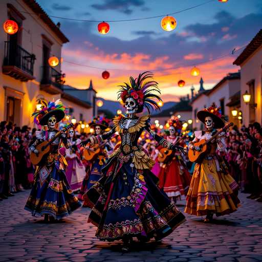 A vibrant, eye-level photograph captures a lively celebration of the Day of the Dead in a charming cobblestone street. The central focus is on a group of elaborately costumed "calaveras" (skeletons) dancing in the center of the street. These figures are adorned with intricate skull makeup, colorful headdresses, and ornate dresses, playing guitars as they perform. 

The street is lined with buildings on either side, their facades bathed in warm, golden light from hanging lanterns. The sky above is a beautiful gradient of orange and purple hues, suggesting either sunrise or sunset, with the last rays of light casting a soft glow on the scene. A crowd of people stands in the background, watching the procession with expressions of joy and reverence. 

The overall atmosphere is one of cultural celebration, community spirit, and a blend of tradition and festivity. The photograph beautifully captures the unique and vibrant cultural heritage associated with the Day of the Dead, showcasing a rich tradition of honoring ancestors.