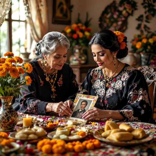 In this AI-generated image, two women are seated at a table adorned with a vibrant tablecloth featuring a floral pattern in shades of red, white, and green. The table is laden with an assortment of food, including bread and what appears to be oranges. A candle and a vase filled with orange flowers add to the scene's warm ambiance. The women are dressed in black dresses with intricate floral embroidery. The older woman, who has gray hair and is wearing a gold necklace, gazes down at a photograph of a man. The younger woman, with black hair and an orange flower in her hair, also wears a gold necklace and looks down at the same photograph. The background is slightly blurred, revealing more vases of flowers and a window with curtains. Despite the realistic setting, the image's AI-generated nature is evident through the women's distorted hands, which appear to have extra fingers and are oddly positioned.