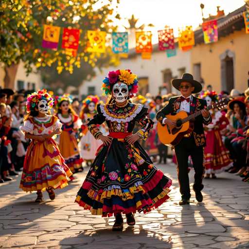 A vibrant, eye-level shot captures a lively celebration of the Day of the Dead in what appears to be a charming, sun-drenched plaza. The central focus is on three children dressed in elaborate, colorful costumes representing the "calavera" (skull) tradition. They are performing a dance, their movements and expressions full of joy and cultural pride. 

The children's costumes are incredibly detailed, featuring vibrant floral patterns on black dresses and elaborate headdresses adorned with bright flowers. One child's costume is particularly striking, featuring a skull-shaped headdress and a colorful skirt with intricate floral designs. 

A man playing an acoustic guitar accompanies the children, his attire matching theirs in a festive style. The background is filled with other participants and spectators, all dressed in colorful clothing, creating a lively atmosphere. Colorful banners hang overhead, adding to the festive ambiance. 

The scene is bathed in warm sunlight, casting long shadows on the cobblestone ground and highlighting the vibrant colors of the costumes. The overall impression is one of cultural richness, community spirit, and joyful celebration.