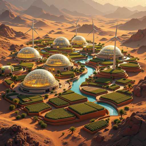This image depicts a futuristic city set in a vast desert landscape. The city is characterized by several large, dome-shaped buildings that resemble greenhouses, each with a distinctive yellow glow emanating from within. These structures are interconnected by a network of canals filled with water, which also feature patches of greenery and grass. Surrounding the city are numerous palm trees, adding a touch of lushness to the arid environment. The sky above is a muted gray, casting a soft light over the entire scene. In the background, a range of mountains can be seen, adding depth to the composition. The overall aesthetic of the image suggests it is AI-generated, with a slightly surreal quality that enhances its futuristic appeal.