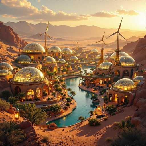 This image depicts a highly detailed, computer-generated scene of a futuristic city nestled in a desert landscape. The city is characterized by numerous buildings with large, glass domes that emit a warm, yellow glow, suggesting they are illuminated from within. These domes, which resemble giant glass bubbles, cover the entire surface of the buildings, giving the city a unique and otherworldly appearance. The city is interconnected by a network of bridges that span a serene, light blue river that meanders through the center of the city. The river is flanked by palm trees and other greenery, adding a touch of life to the otherwise arid environment. In the background, the sky is a mix of blue and yellow hues, with the sun peeking out from behind clouds, casting a golden light over the entire scene. The presence of windmills further enhances the futuristic and sustainable feel of this desert metropolis.