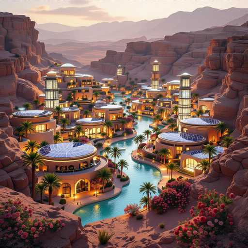 This image depicts a highly detailed, computer-generated scene of a futuristic city nestled within a canyon. The cityscape features numerous round buildings with flat roofs, some adorned with solar panels, and others with skylights. These structures are illuminated by warm yellow lights, creating a striking contrast against the dark, rocky surroundings. A serene blue river meanders through the center of the city, flanked by lush palm trees and vibrant pink flowers, adding a touch of natural beauty to the otherwise metallic environment. The sky above is a light blue, dotted with clouds, and the entire scene is bathed in a soft, orange glow, suggesting either a sunrise or sunset. The overall aesthetic is reminiscent of a science fiction setting, with a blend of modern architecture and natural elements harmoniously coexisting.