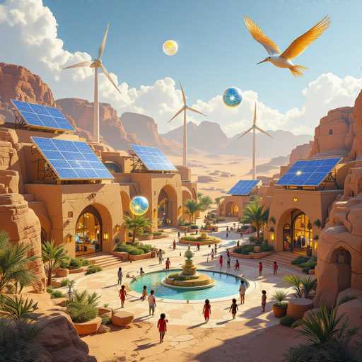 This image depicts a futuristic, computer-generated scene of a desert city with a blend of ancient and modern architectural elements. The city is characterized by tan, clay-like buildings with large archways, reminiscent of Middle Eastern or Egyptian structures. The buildings are adorned with numerous blue solar panels, highlighting the city's commitment to renewable energy. 

In the foreground, a large fountain with a central statue is surrounded by people, some in red and others in blue, all wearing head coverings. The fountain is encircled by a pool of water, and the area is lush with palm trees and other greenery, suggesting a well-maintained oasis amidst the arid landscape.

The background features a series of red rock formations and windmills, adding to the futuristic yet natural aesthetic. The sky is a clear blue with white clouds, and three celestial bodies are visible: a yellow planet, a blue planet, and a smaller yellow planet, enhancing the otherworldly atmosphere of the scene. A large bird with a white body and yellow wings is seen flying in the sky, adding a touch of life to this serene yet advanced cityscape.