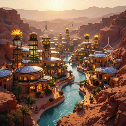 This image depicts a highly detailed, computer-generated scene of a futuristic city nestled within a canyon. The city is characterized by numerous circular buildings, each adorned with solar panels on their rooftops. These structures are interconnected by a network of walkways and bridges, creating a harmonious blend of urban design and natural landscape. A serene river meanders through the center of the city, adding to its picturesque quality. The buildings are illuminated, casting a warm glow that contrasts beautifully with the surrounding rocky terrain. In the background, a range of mountains looms, completing the breathtaking vista. The overall aesthetic suggests a blend of science fiction and eco-friendly architecture, showcasing a possible future where human settlements coexist in harmony with nature.