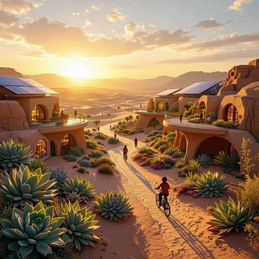 The image depicts a serene desert landscape at sunset, with the sun positioned low on the horizon, casting a warm, golden glow across the scene. The sky is a blend of light blue and yellow hues, adorned with scattered clouds. In the foreground, a child wearing a red shirt rides a bicycle along a sandy path that cuts through the arid terrain. Surrounding the path are various desert plants, including cacti and succulents, adding splashes of green to the predominantly brown and tan landscape.

On either side of the path are two large, modern buildings with a unique architectural style. These structures feature extensive use of glass and solar panels, blending harmoniously with the natural environment. The buildings have balconies and terraces where people can be seen standing and observing the picturesque sunset. The overall scene captures a moment of tranquility and interplay between human habitation and the vast, beautiful desert landscape.