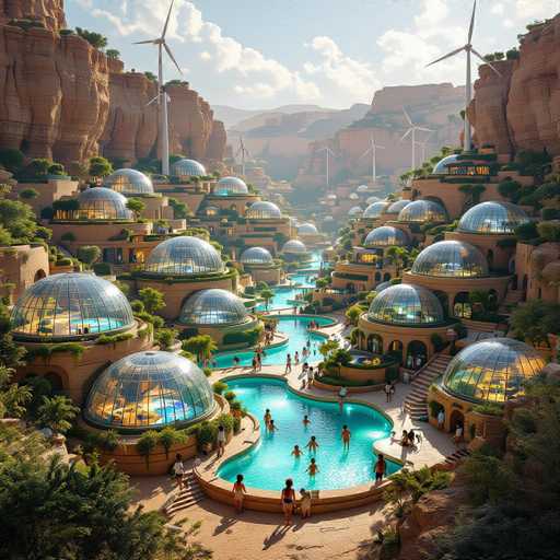 The image depicts a futuristic cityscape reminiscent of the 1960s vision of the future, characterized by its unique architectural style. The buildings are predominantly constructed from brown clay and feature distinctive glass domes that serve as protective coverings for the interiors. These domes, which resemble large bubbles, encase lush greenery and various recreational facilities, including swimming pools. The city is nestled within a valley, surrounded by towering mountains that enhance its picturesque setting. In the foreground, a large pool is visible, with people enjoying the water and lounging around it. The overall scene exudes a harmonious blend of nature and advanced urban design, creating an inviting and serene environment.